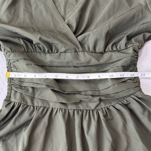 Olive Army Green V-Neck Flutter‎ Sleeve Ruched Waist A-Line Mini Dress small - Picture 15 of 15